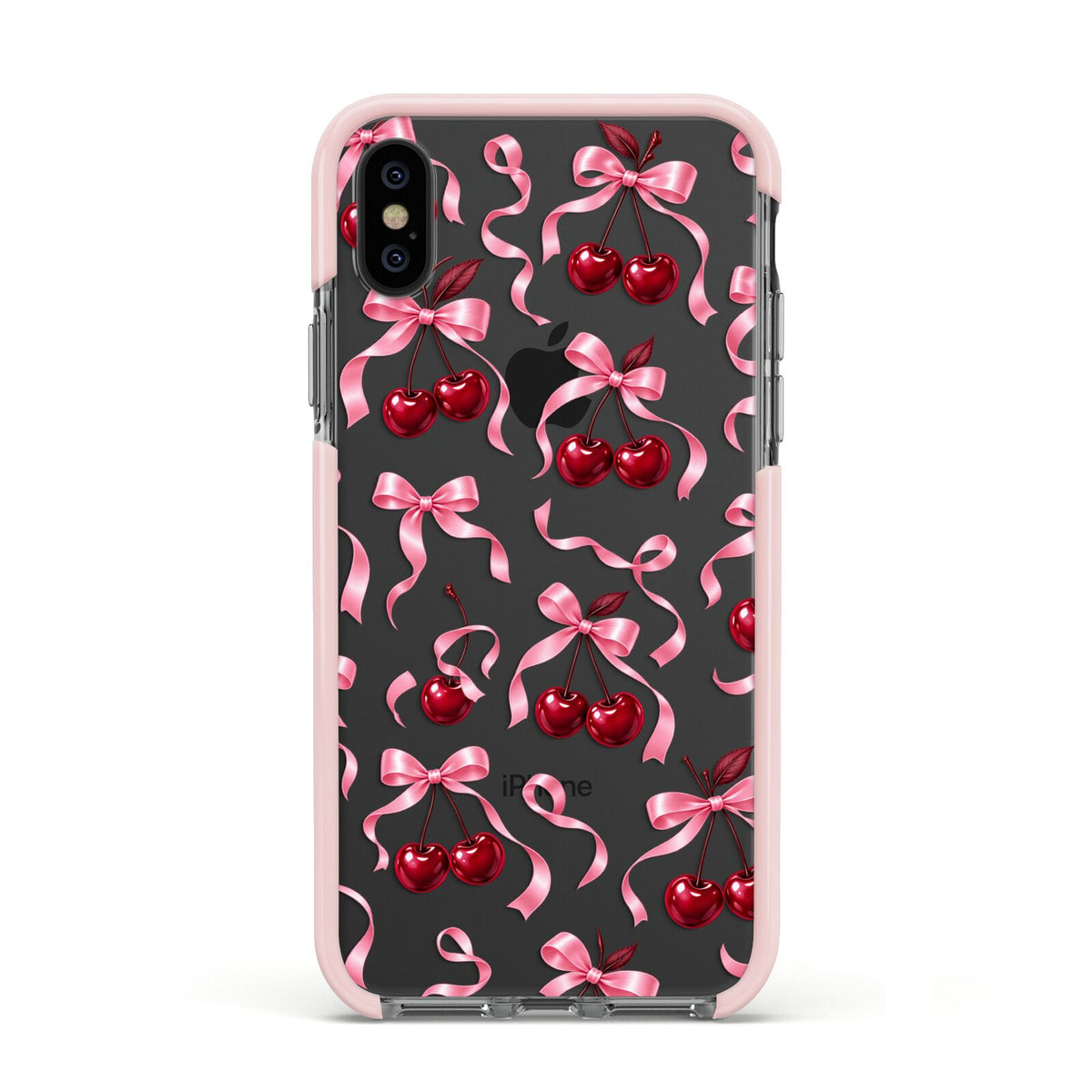 Cherry Silk Bows Apple iPhone Xs Impact Case Pink Edge on Black Phone