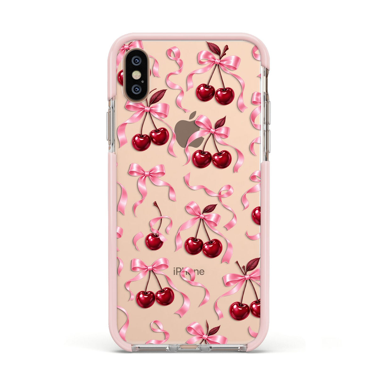 Cherry Silk Bows Apple iPhone Xs Impact Case Pink Edge on Gold Phone