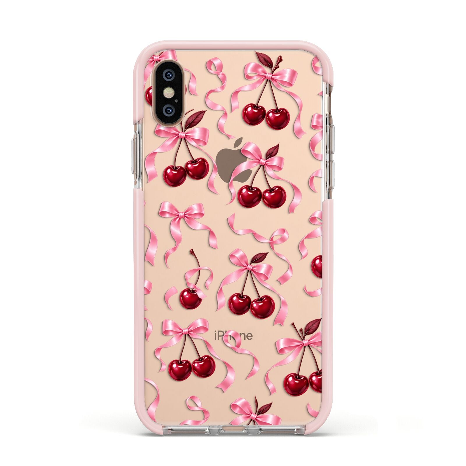 Cherry Silk Bows Apple iPhone Xs Impact Case Pink Edge on Gold Phone