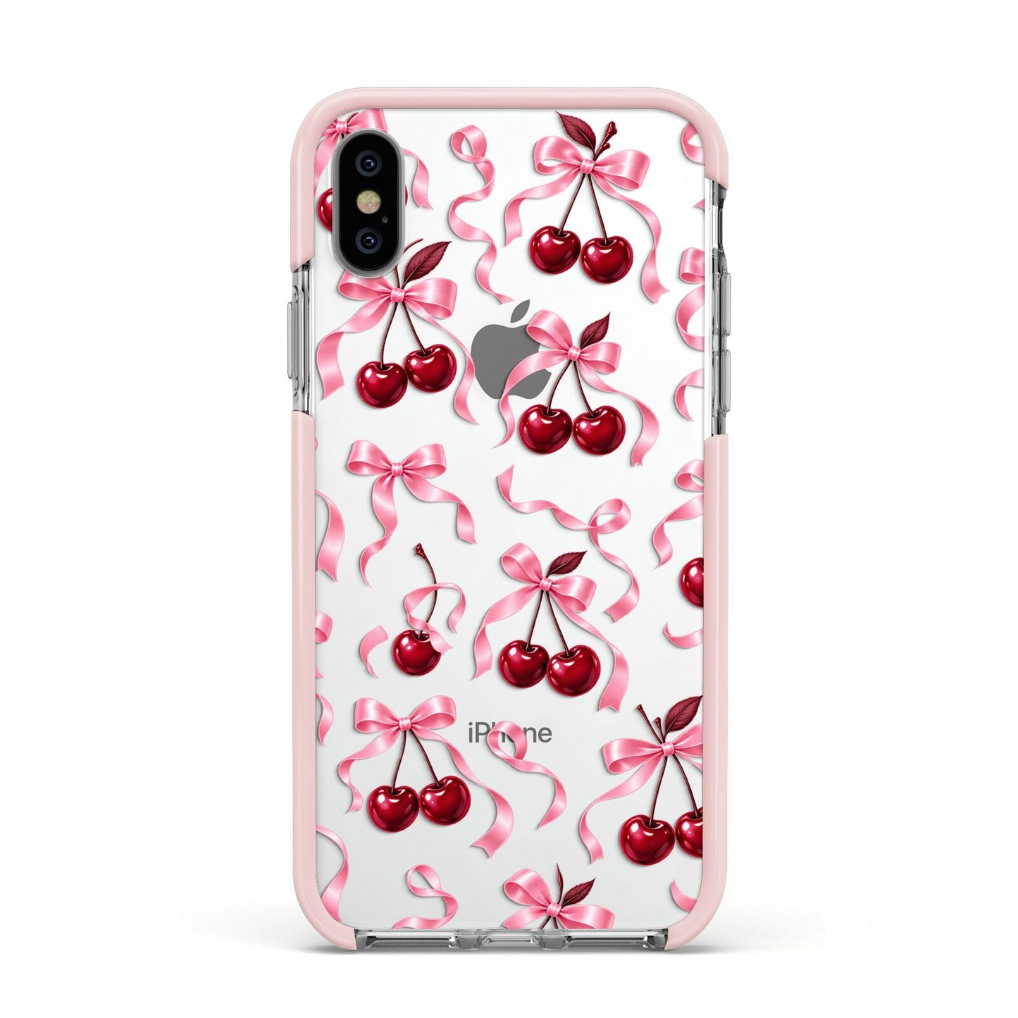 Cherry Silk Bows Apple iPhone Xs Impact Case Pink Edge on Silver Phone