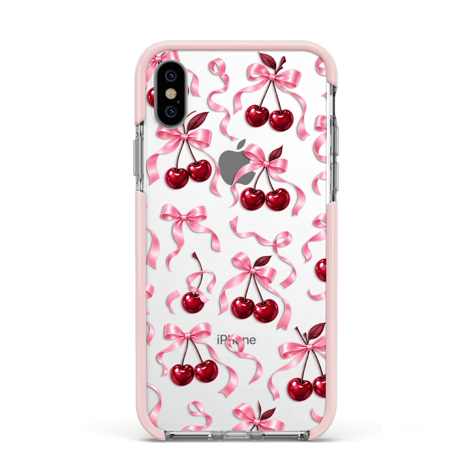 Cherry Silk Bows Apple iPhone Xs Impact Case Pink Edge on Silver Phone
