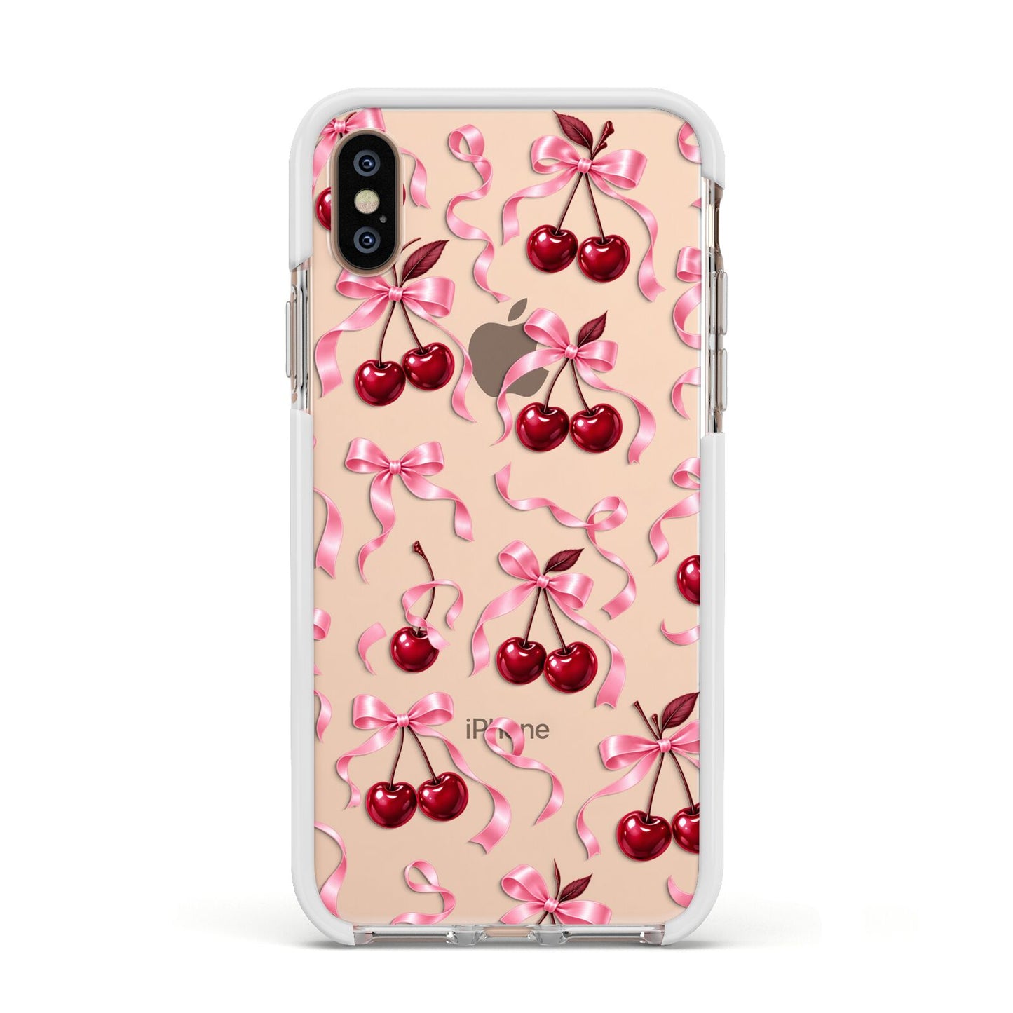 Cherry Silk Bows Apple iPhone Xs Impact Case White Edge on Gold Phone