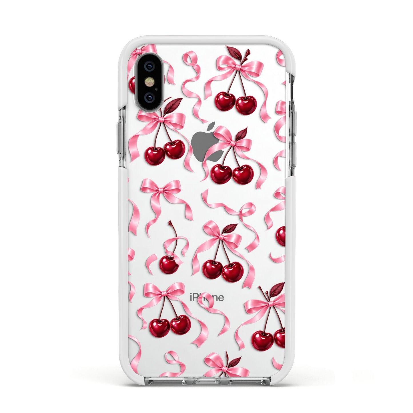 Cherry Silk Bows Apple iPhone Xs Impact Case White Edge on Silver Phone