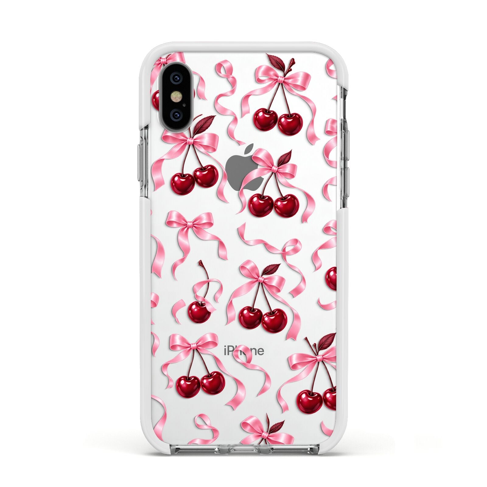 Cherry Silk Bows Apple iPhone Xs Impact Case White Edge on Silver Phone