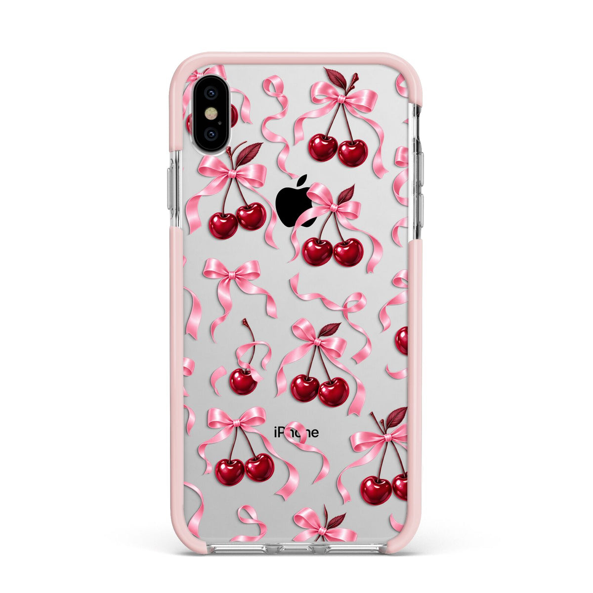 Cherry Silk Bows Apple iPhone Xs Max Impact Case Pink Edge on Silver Phone