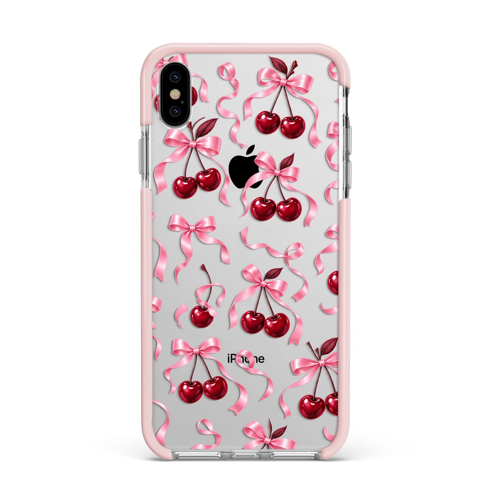 Cherry Silk Bows Apple iPhone Xs Max Impact Case Pink Edge on Silver Phone