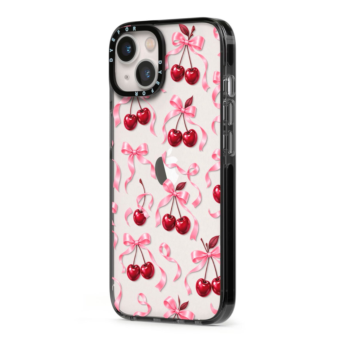 Cherry Silk Bows iPhone 13 Black Impact Case Side Angle on Silver phone