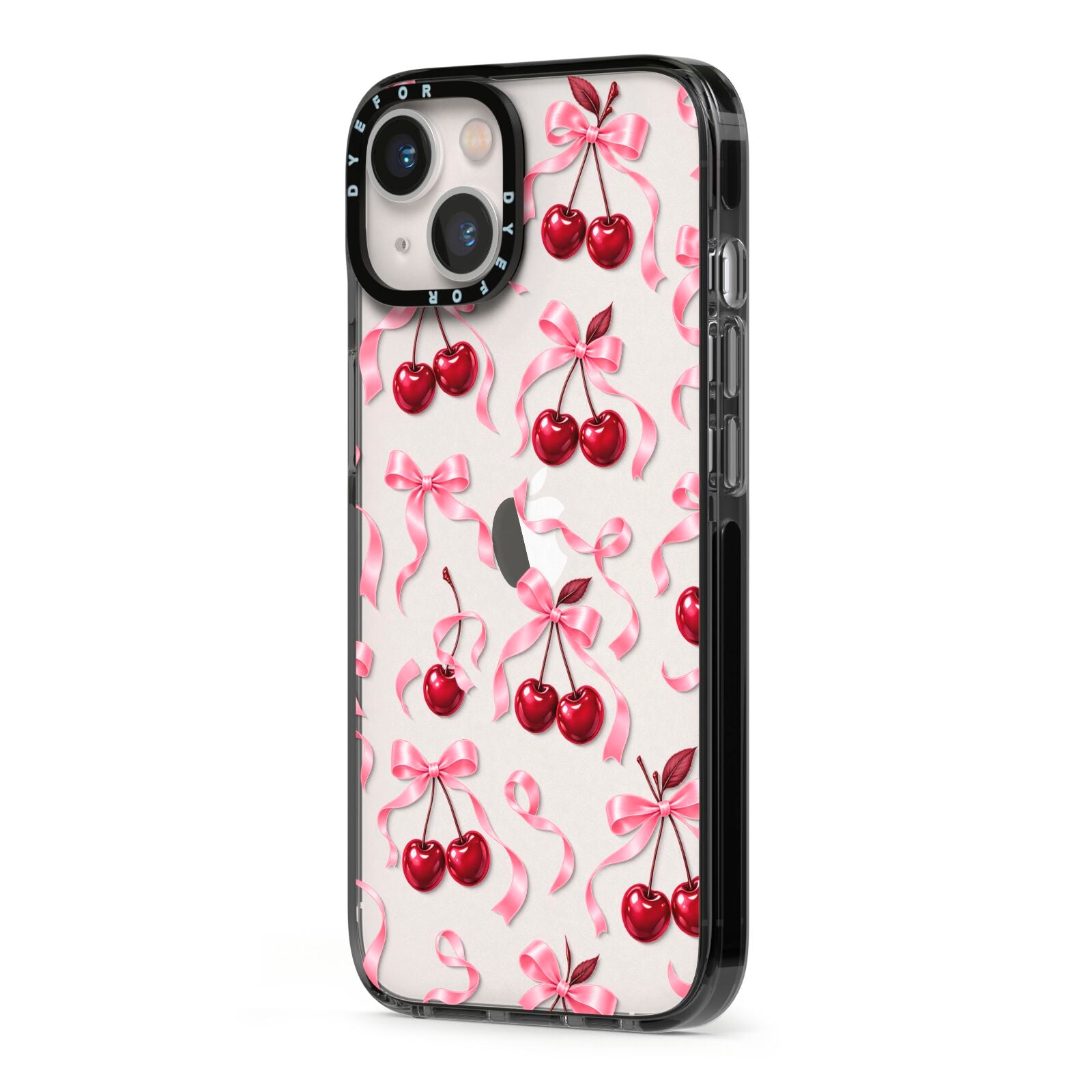 Cherry Silk Bows iPhone 13 Black Impact Case Side Angle on Silver phone