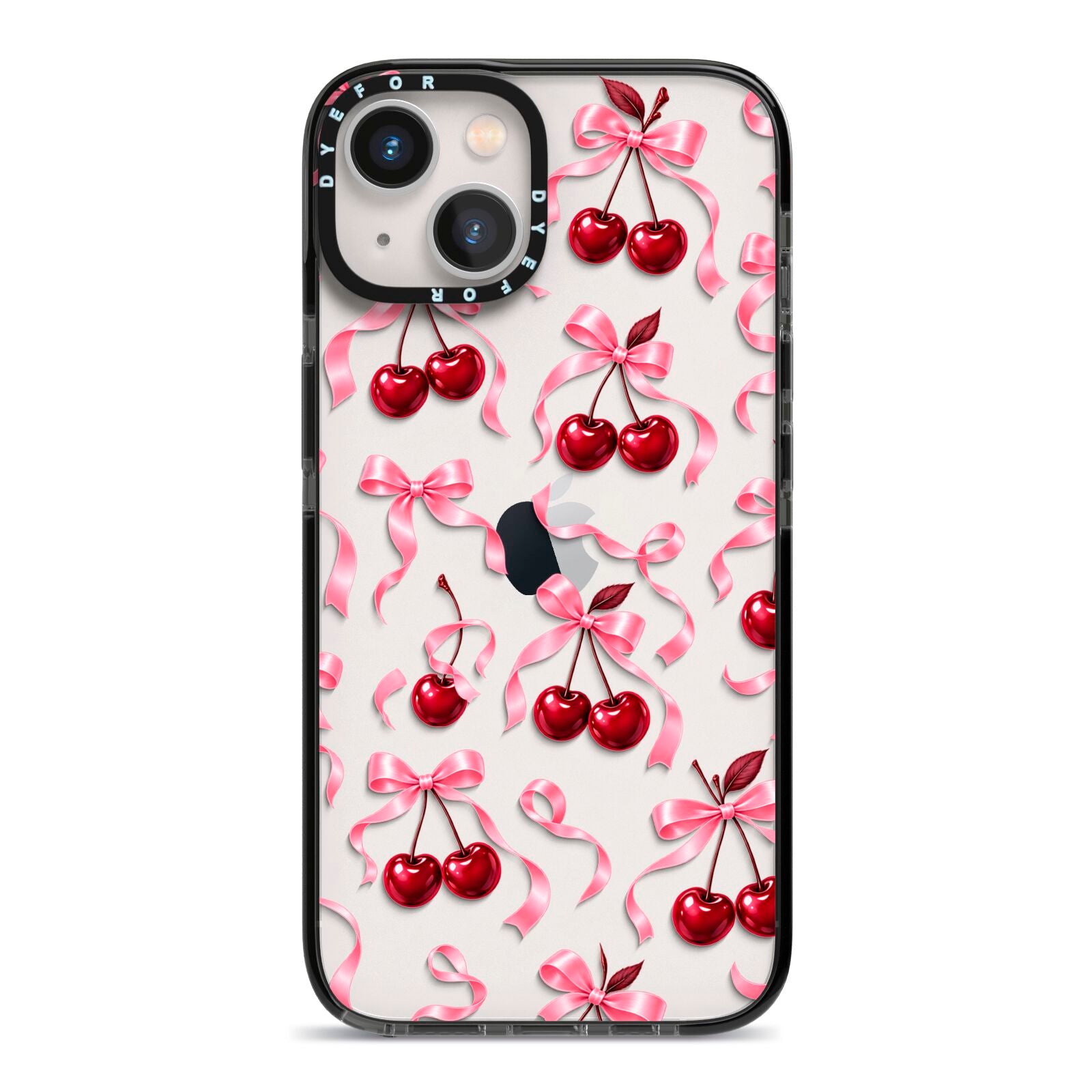 Cherry Silk Bows iPhone 13 Black Impact Case on Silver phone