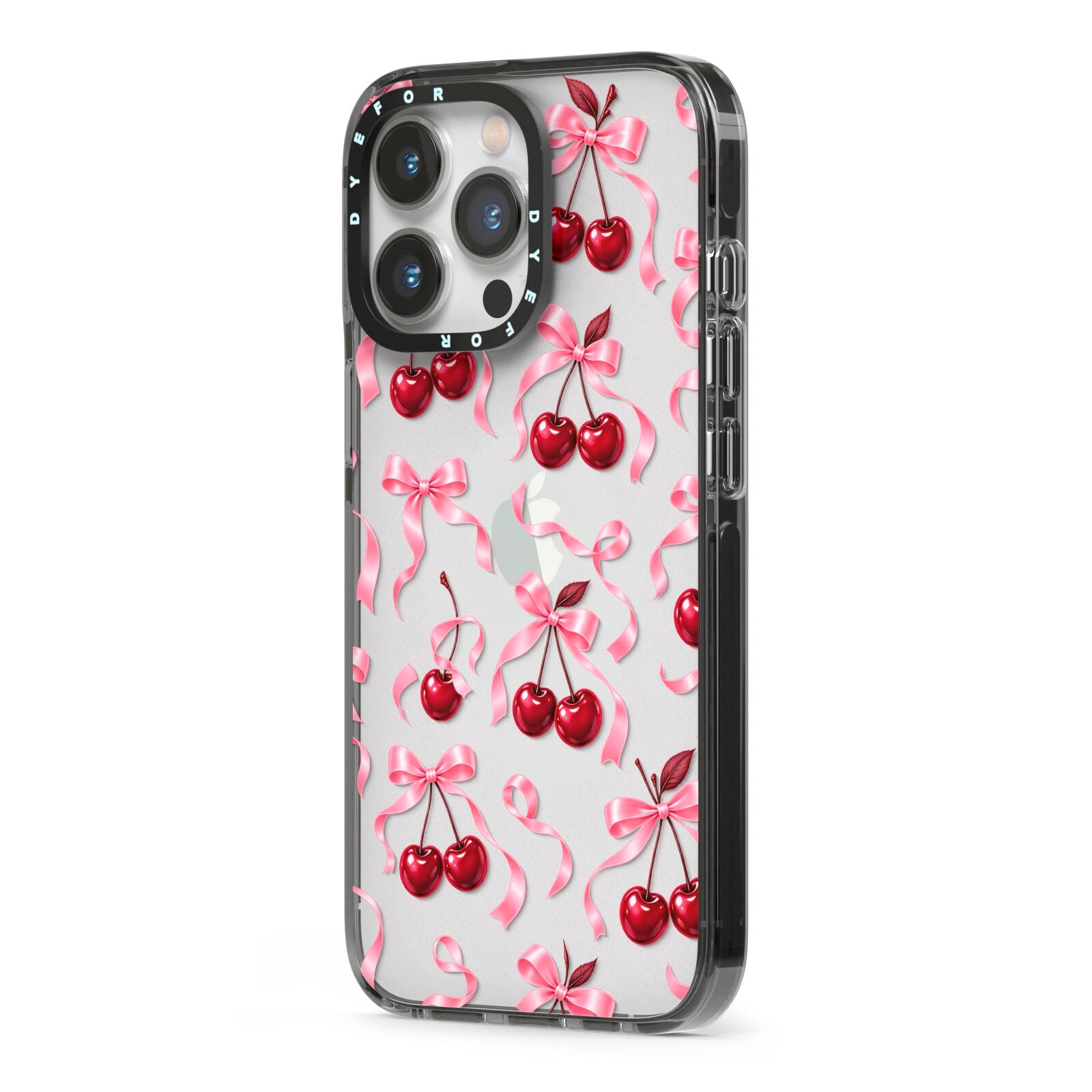 Cherry Silk Bows iPhone 13 Pro Black Impact Case Side Angle on Silver phone