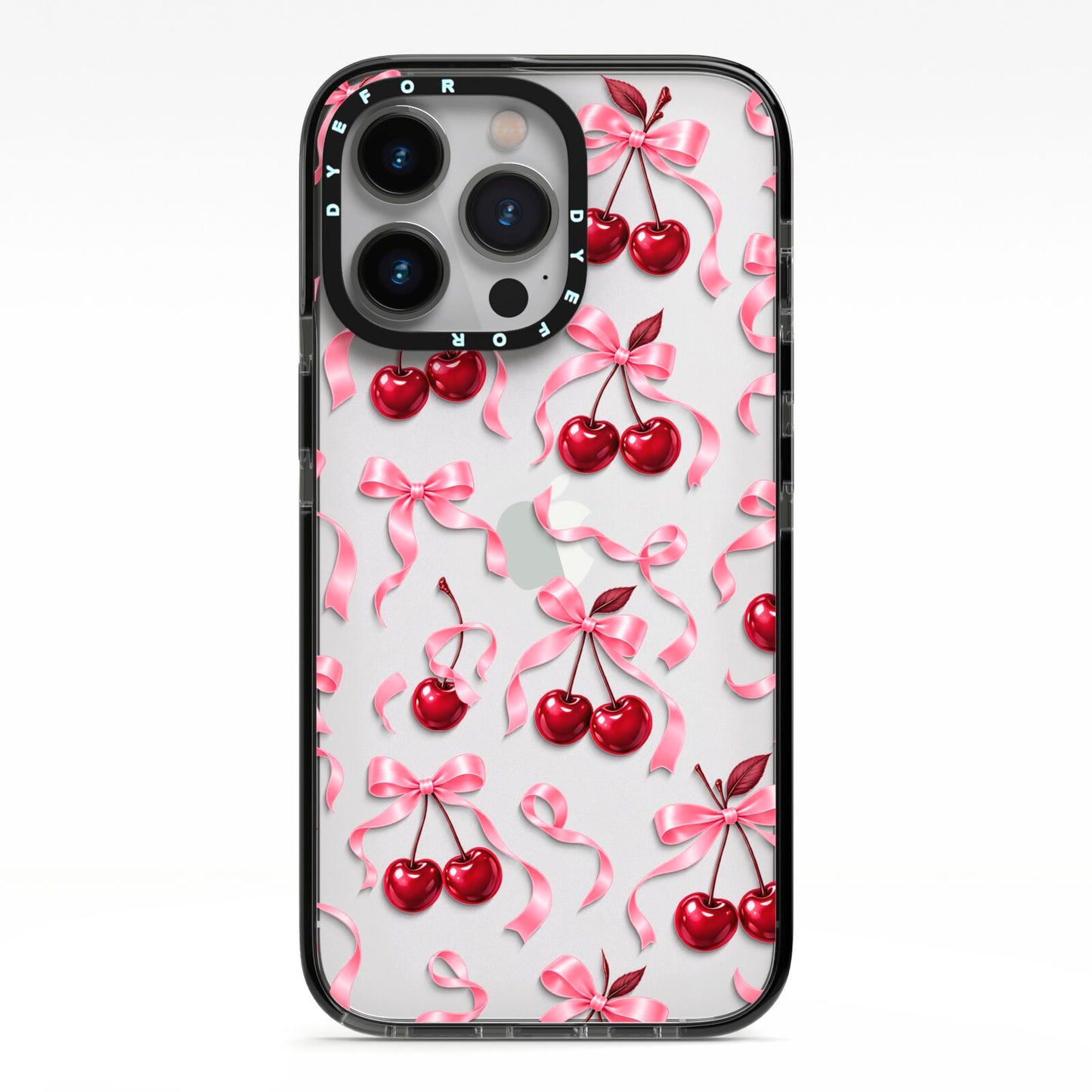 Cherry Silk Bows iPhone 13 Pro Black Impact Case on Silver phone