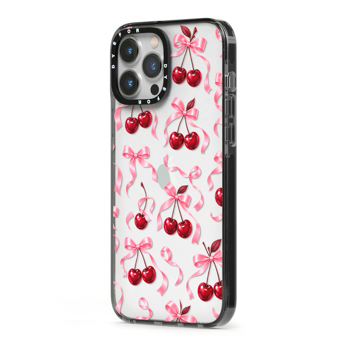 Cherry Silk Bows iPhone 13 Pro Max Black Impact Case Side Angle on Silver phone