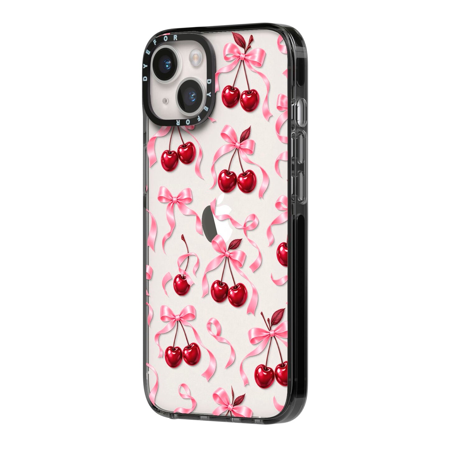 Cherry Silk Bows iPhone 14 Black Impact Case Side Angle on Silver phone