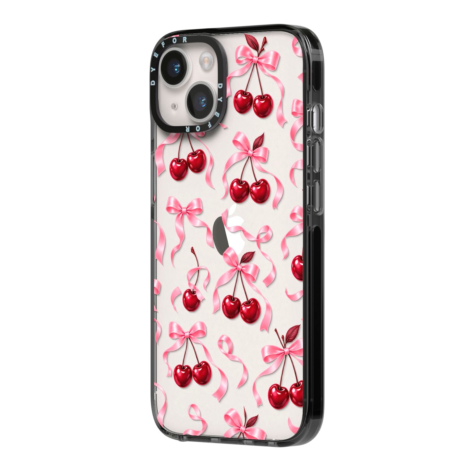 Cherry Silk Bows iPhone 14 Black Impact Case Side Angle on Silver phone