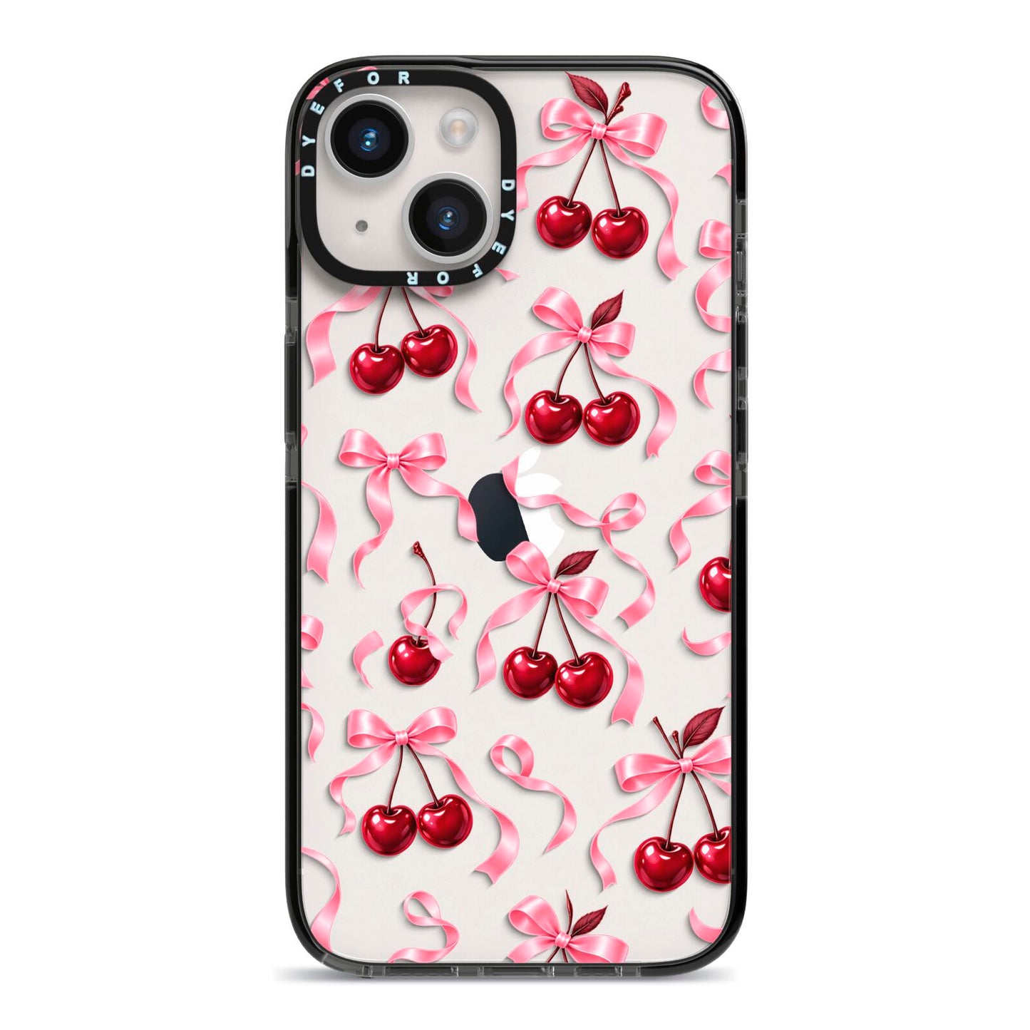 Cherry Silk Bows iPhone 14 Black Impact Case on Silver phone