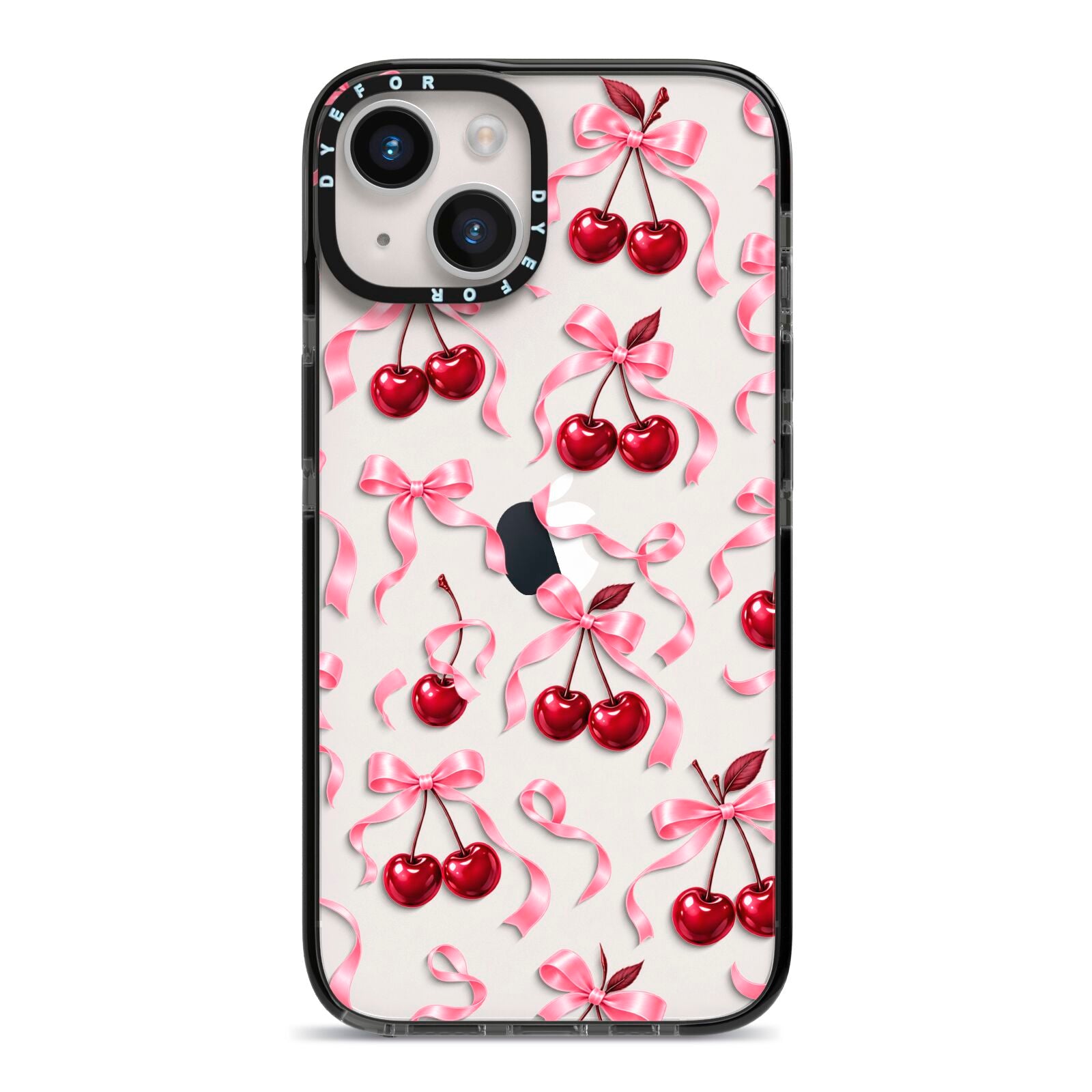 Cherry Silk Bows iPhone 14 Black Impact Case on Silver phone
