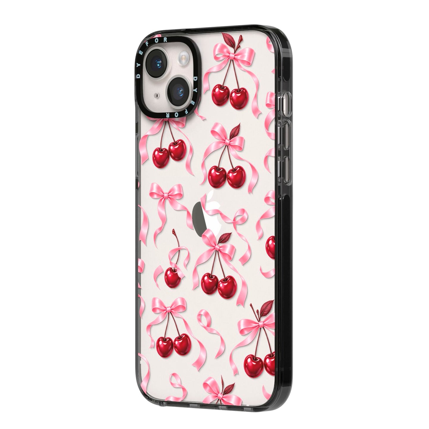 Cherry Silk Bows iPhone 14 Plus Black Impact Case Side Angle on Silver phone