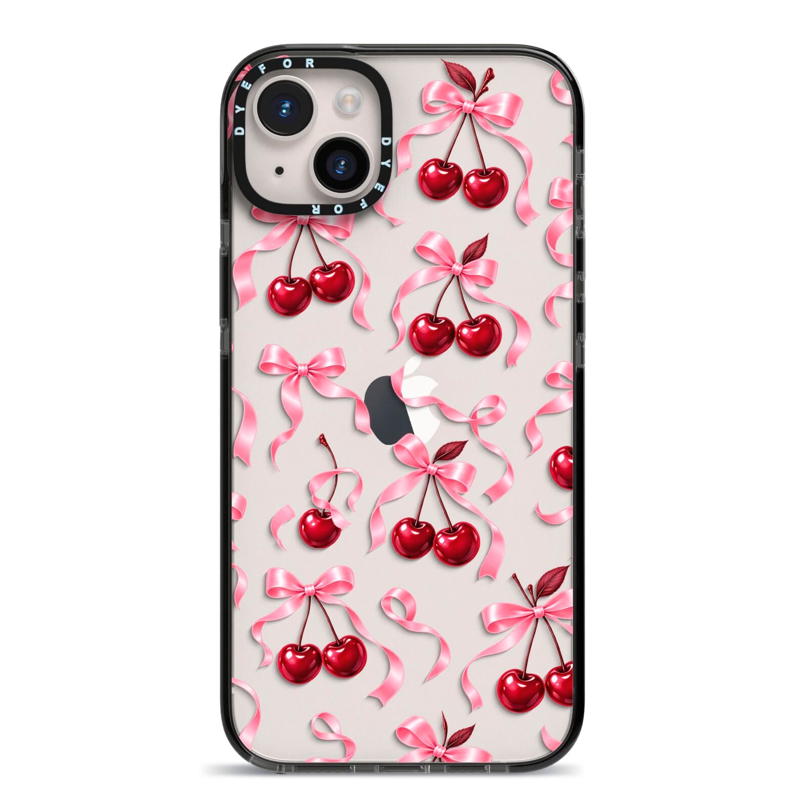 Cherry Silk Bows iPhone 14 Plus Black Impact Case on Silver phone