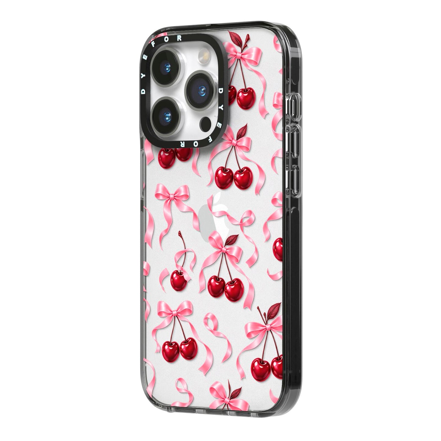 Cherry Silk Bows iPhone 14 Pro Black Impact Case Side Angle on Silver phone
