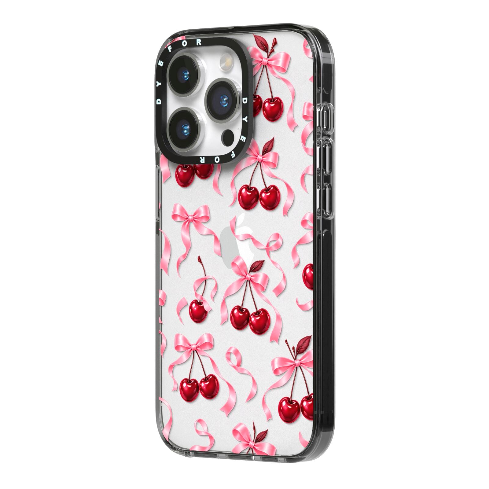 Cherry Silk Bows iPhone 14 Pro Black Impact Case Side Angle on Silver phone