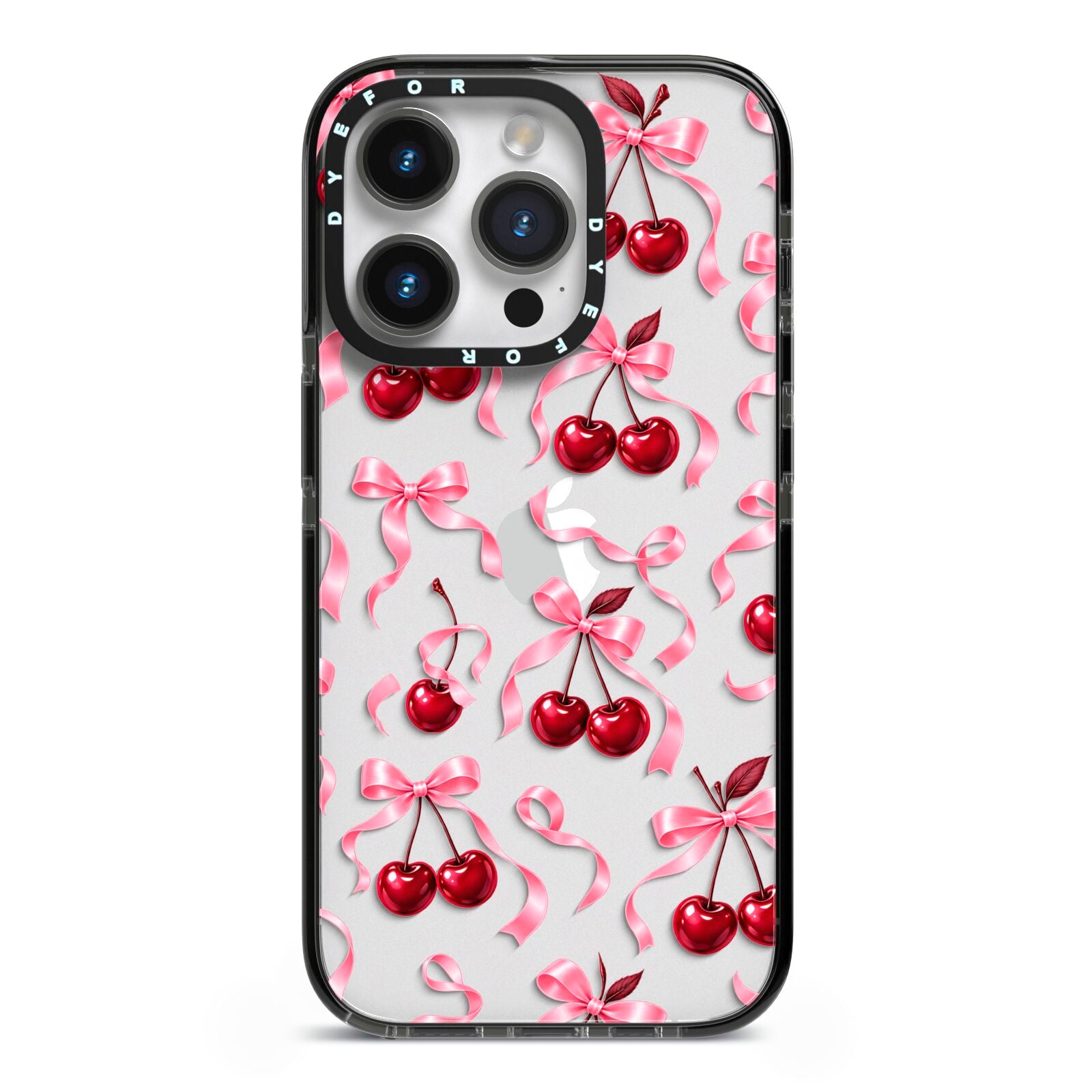 Cherry Silk Bows iPhone 14 Pro Black Impact Case on Silver phone