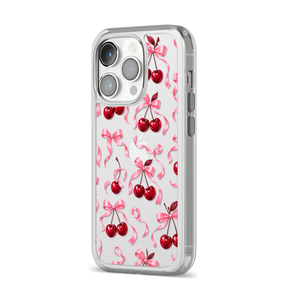 Cherry Silk Bows iPhone 14 Pro Clear Tough Case Silver Angled Image