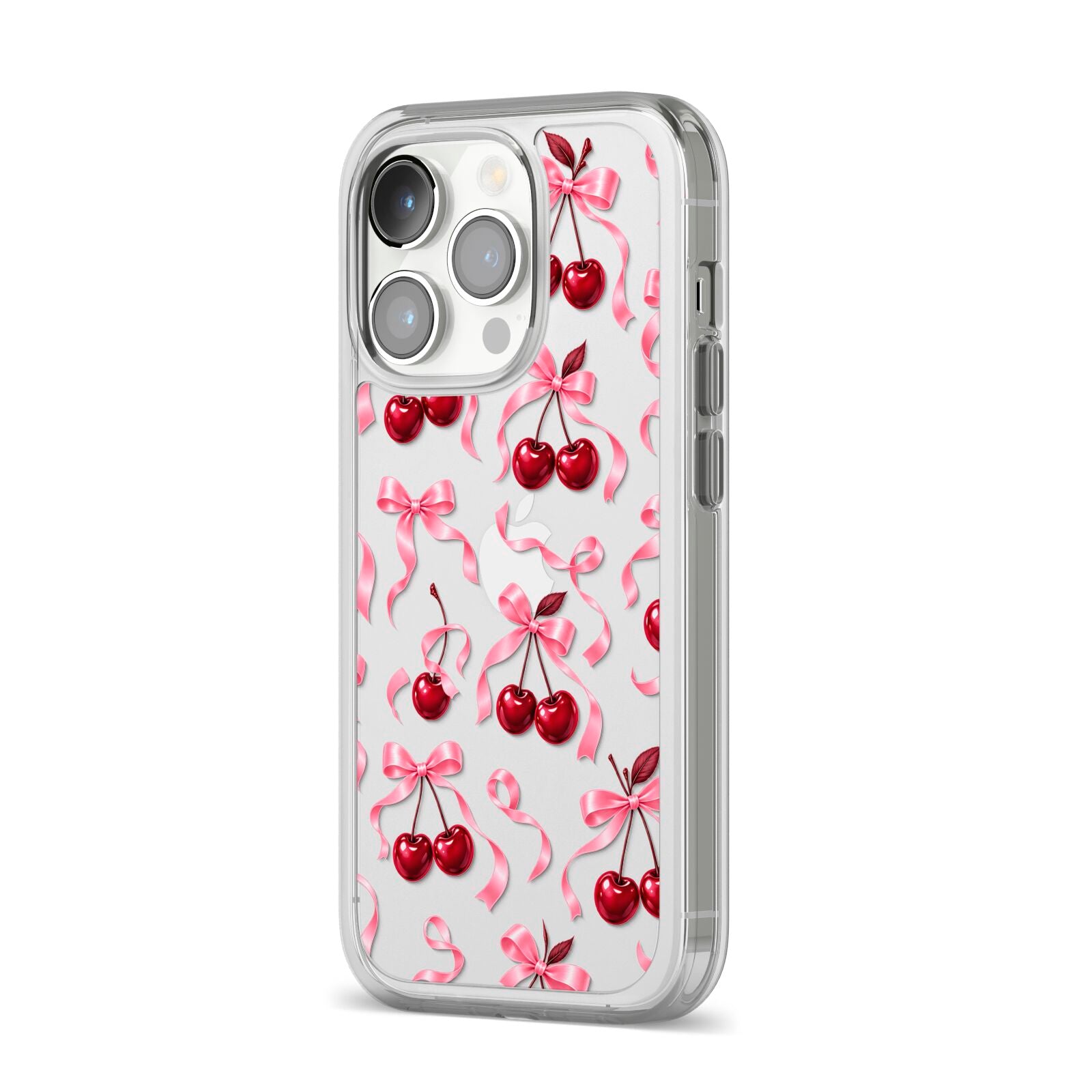 Cherry Silk Bows iPhone 14 Pro Clear Tough Case Silver Angled Image