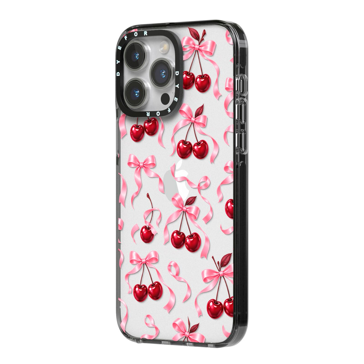 Cherry Silk Bows iPhone 14 Pro Max Black Impact Case Side Angle on Silver phone