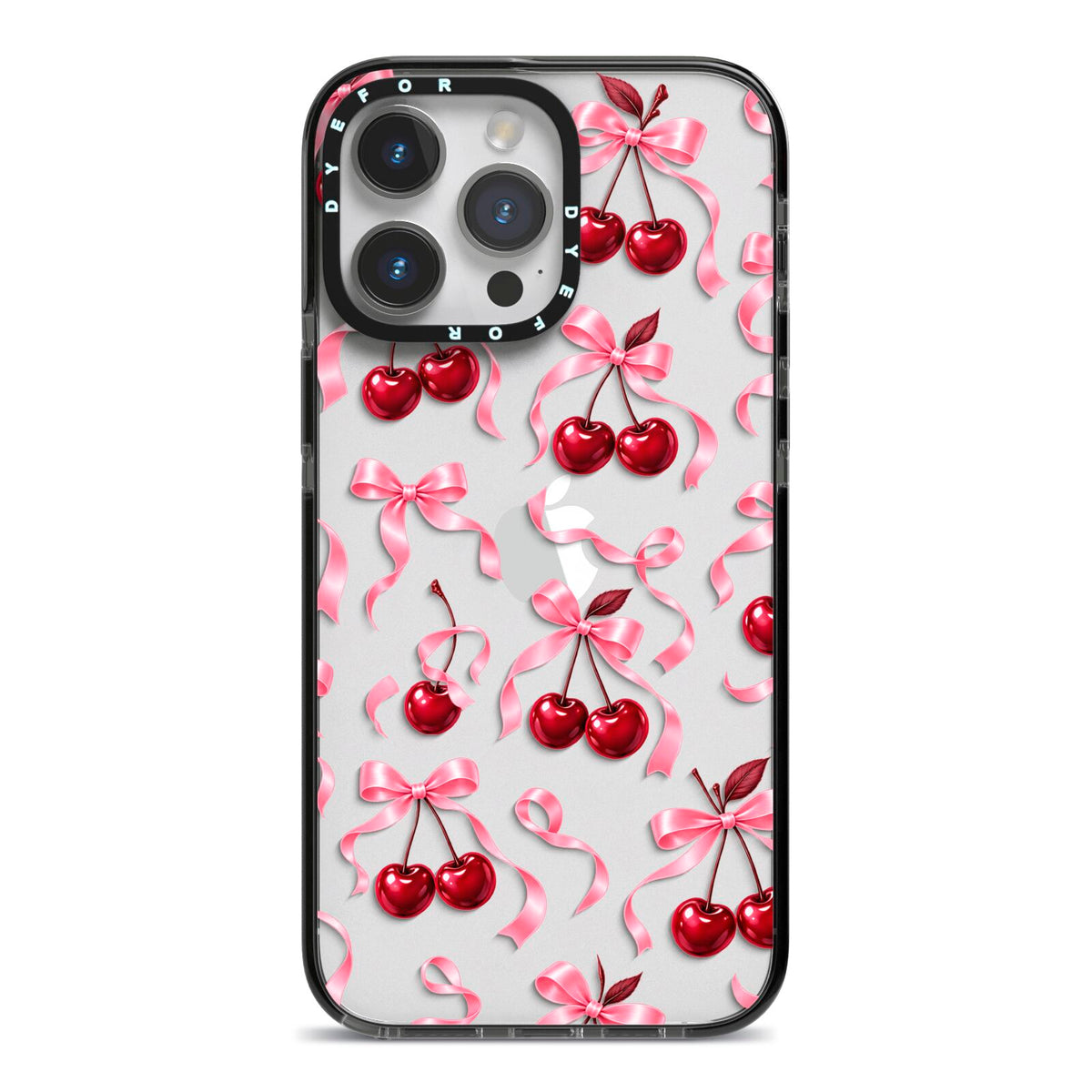 Cherry Silk Bows iPhone 14 Pro Max Black Impact Case on Silver phone
