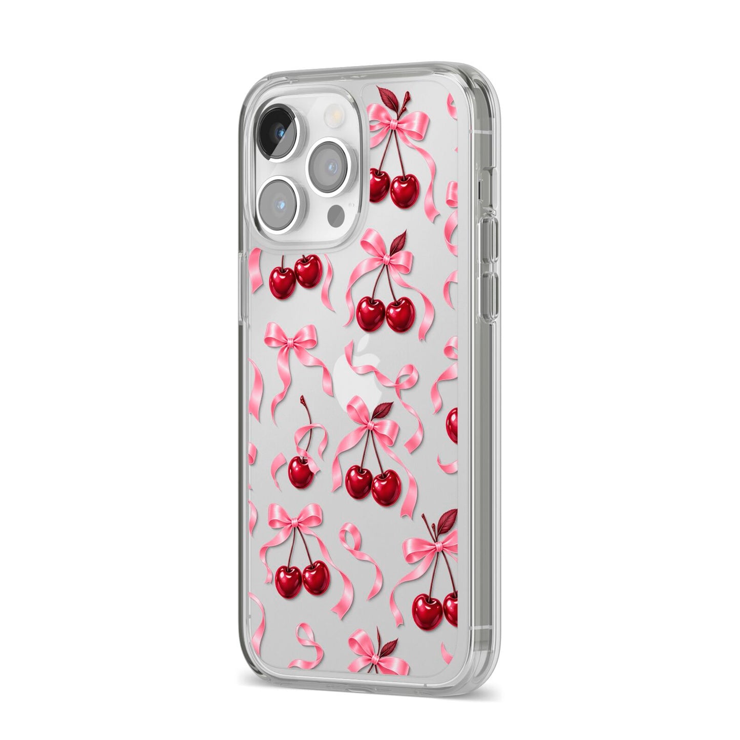 Cherry Silk Bows iPhone 14 Pro Max Clear Tough Case Silver Angled Image