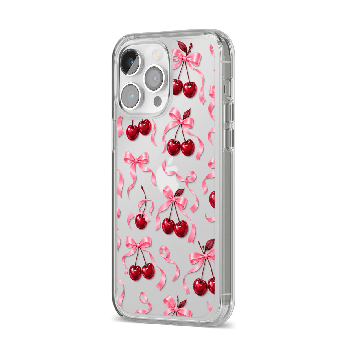 Cherry Silk Bows iPhone 14 Pro Max Clear Tough Case Silver Angled Image
