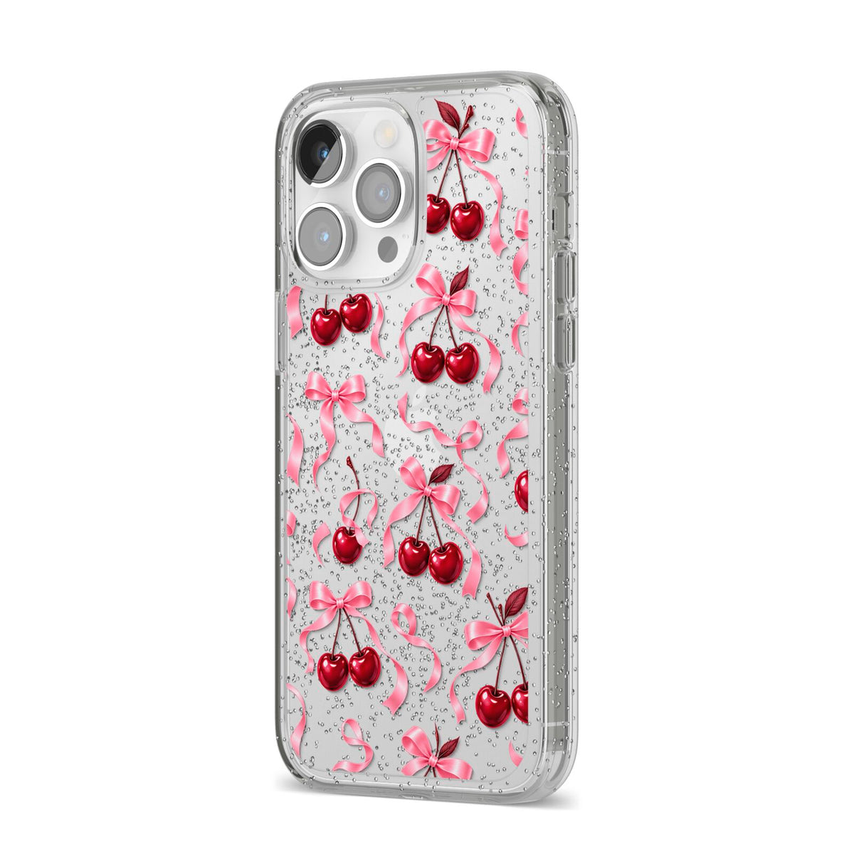 Cherry Silk Bows iPhone 14 Pro Max Glitter Tough Case Silver Angled Image