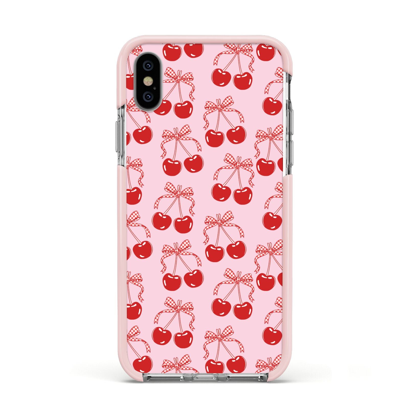 Cherry Sweet Apple iPhone Xs Impact Case Pink Edge on Silver Phone