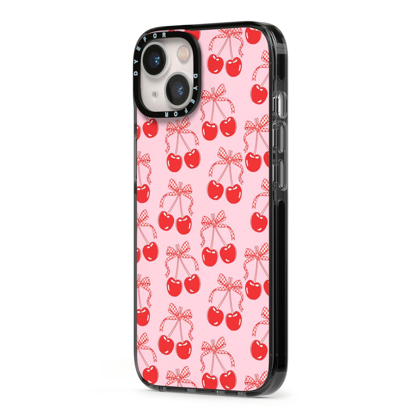 Cherry Sweet iPhone 13 Black Impact Case Side Angle on Silver phone