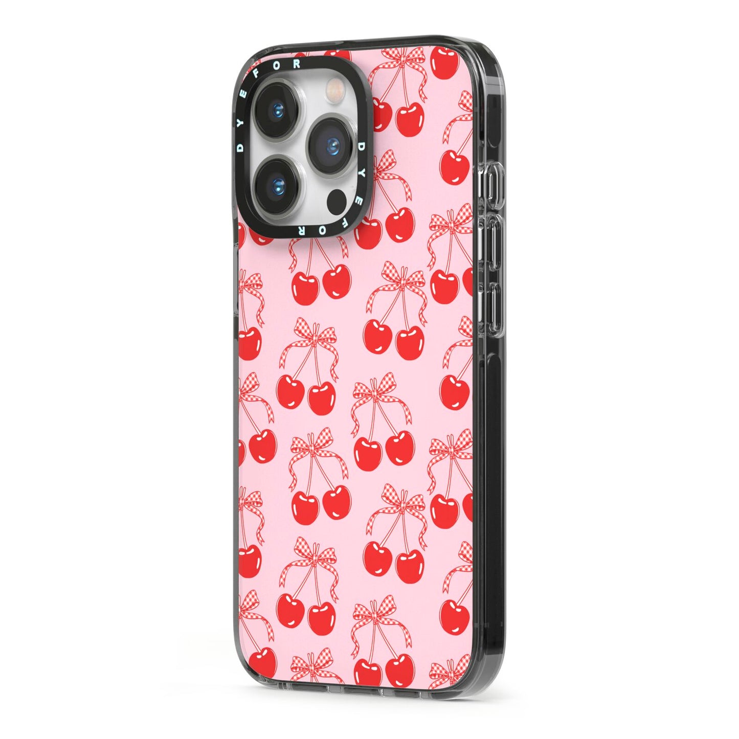 Cherry Sweet iPhone 13 Pro Black Impact Case Side Angle on Silver phone