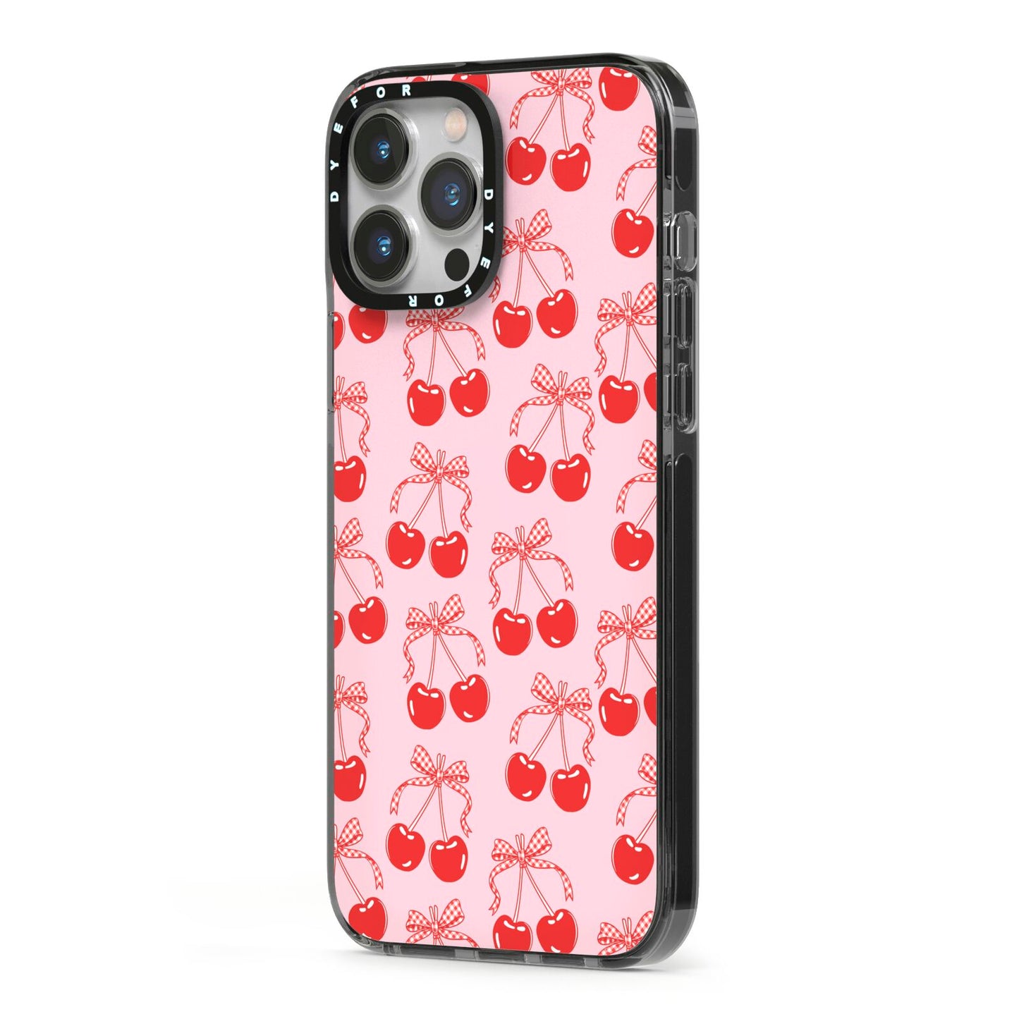 Cherry Sweet iPhone 13 Pro Max Black Impact Case Side Angle on Silver phone