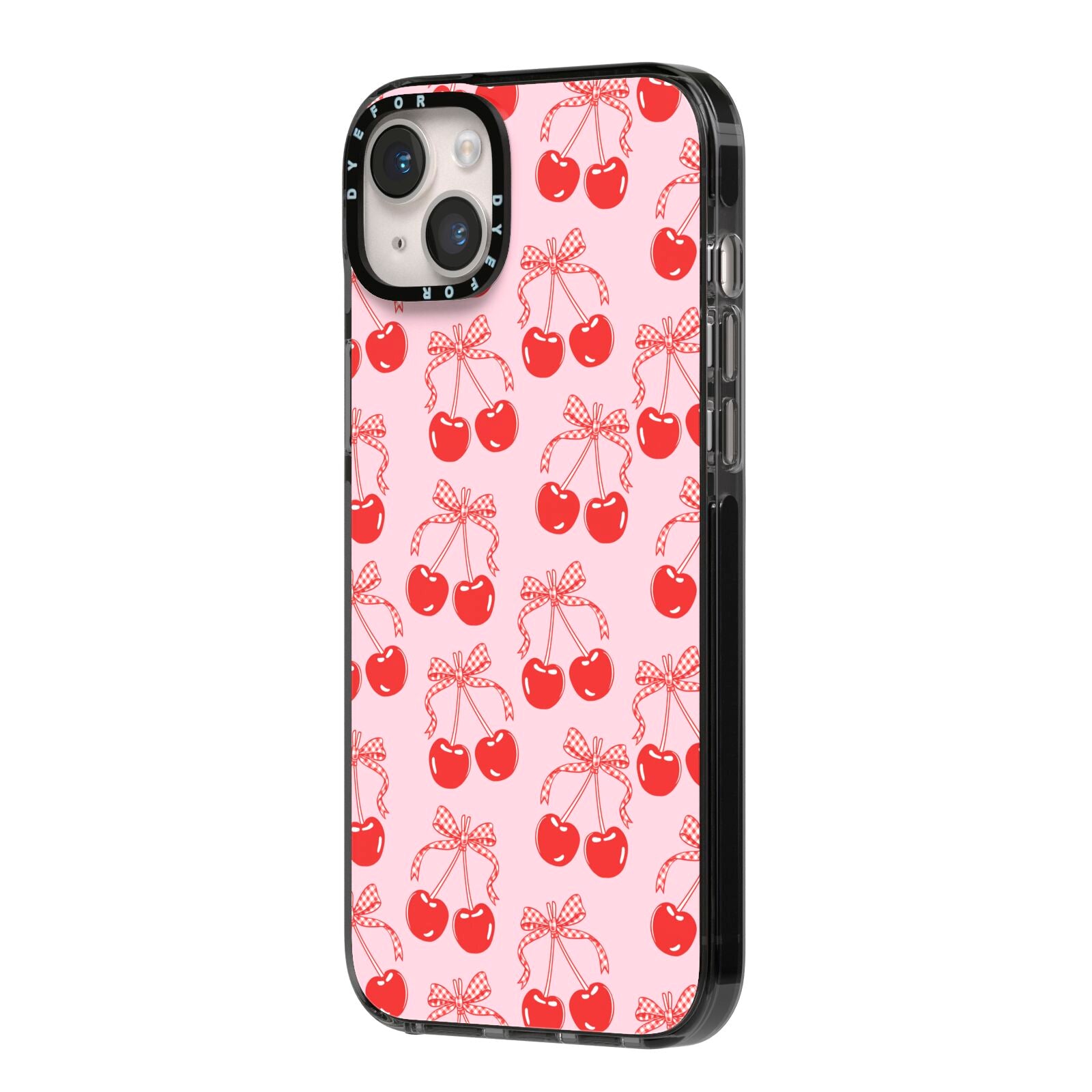 Cherry Sweet iPhone 14 Plus Black Impact Case Side Angle on Silver phone