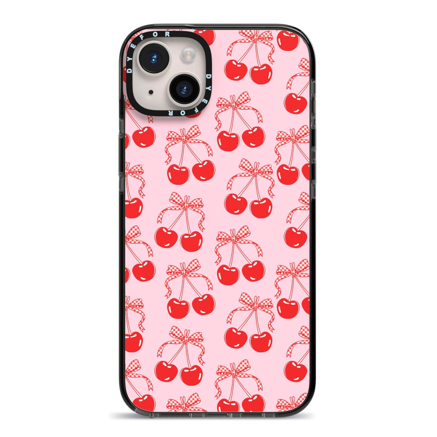 Cherry Sweet iPhone 14 Plus Black Impact Case on Silver phone