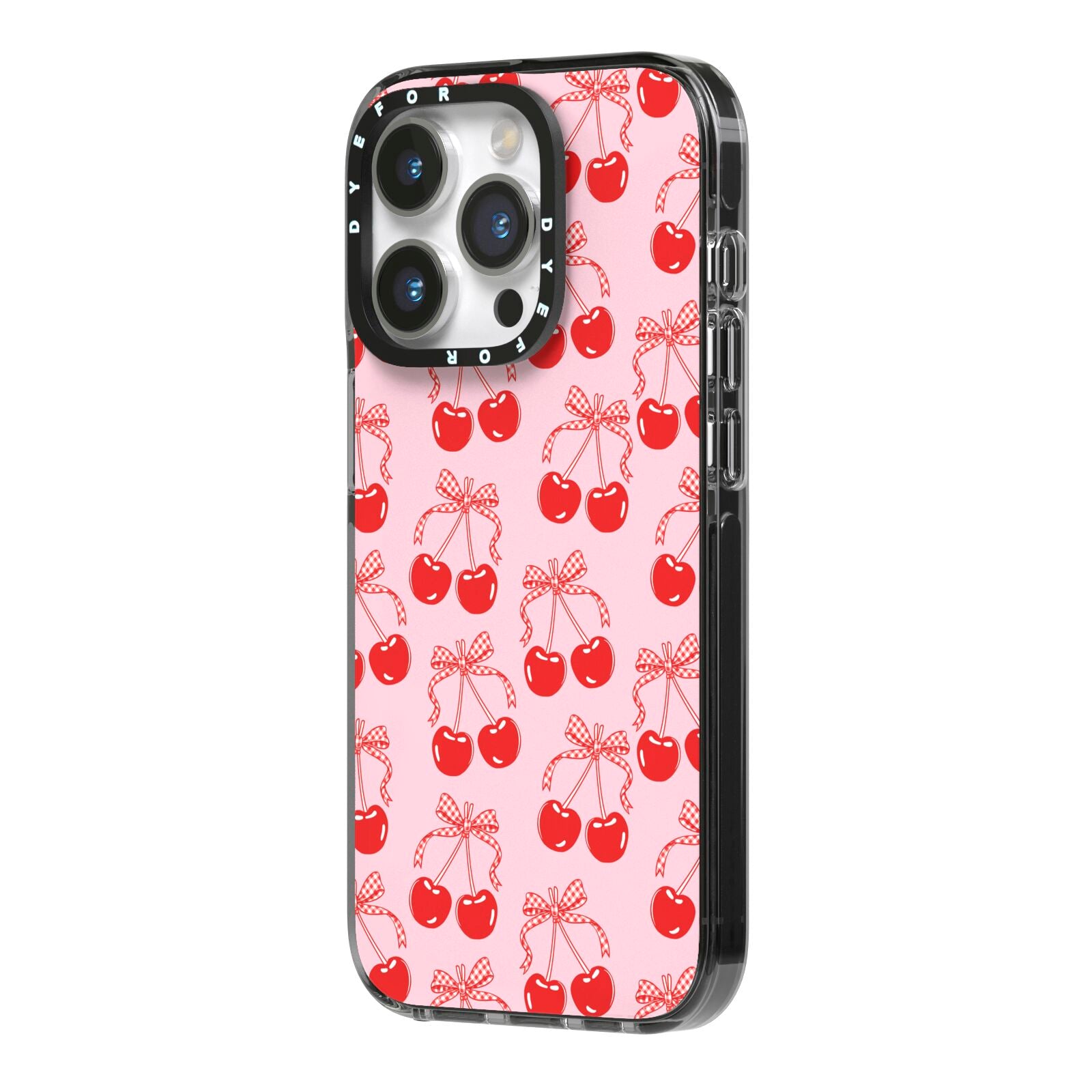 Cherry Sweet iPhone 14 Pro Black Impact Case Side Angle on Silver phone