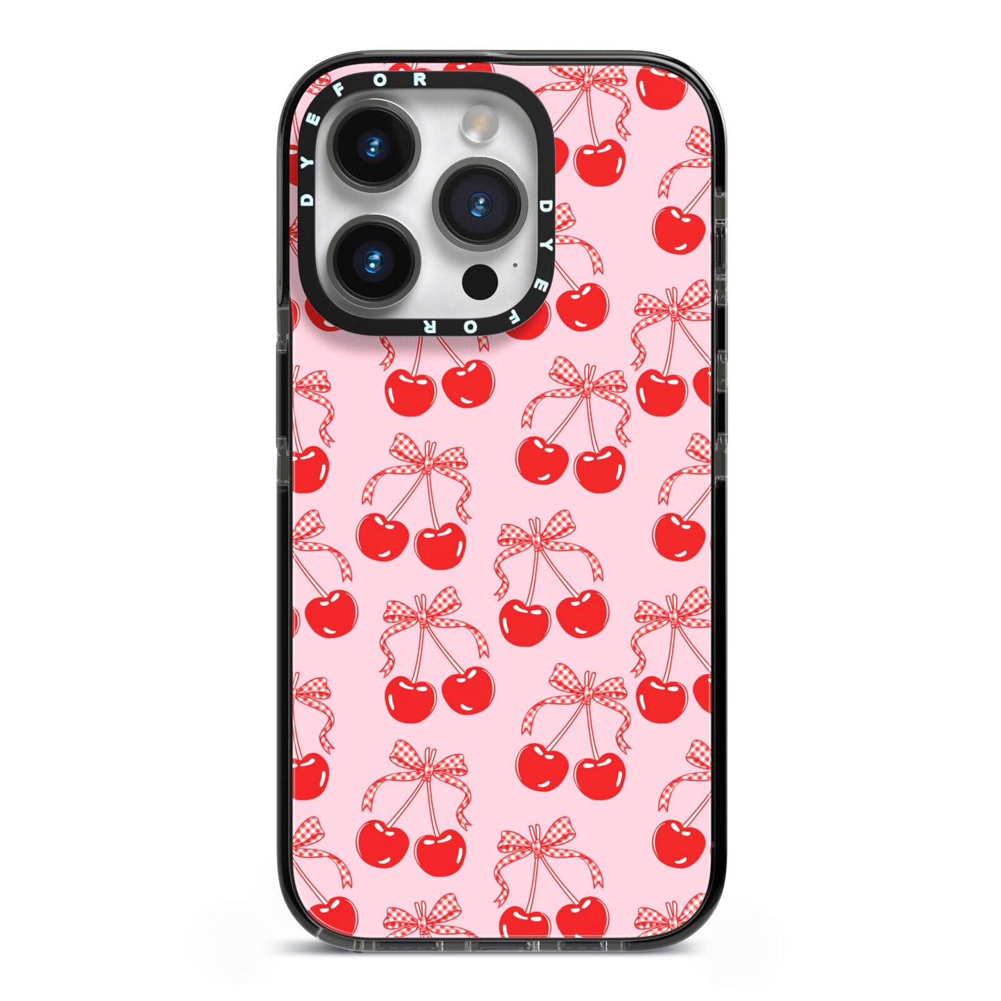 Cherry Sweet iPhone 14 Pro Black Impact Case on Silver phone