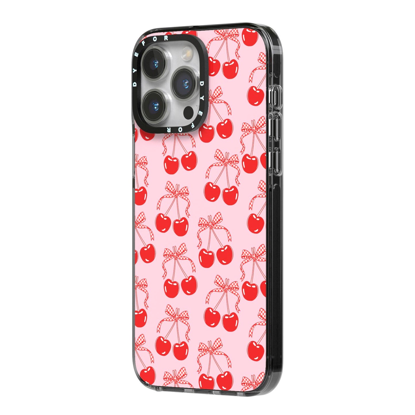 Cherry Sweet iPhone 14 Pro Max Black Impact Case Side Angle on Silver phone