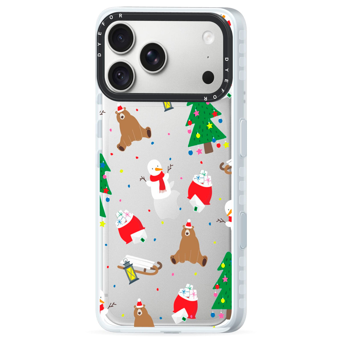 Christmas Clear iPhone 18 Pro Black Impact Pre order Case Side Angle on Silver phone