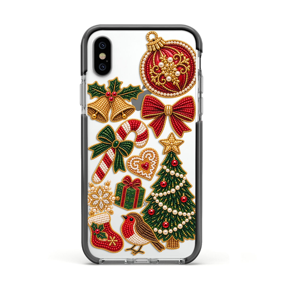 Christmas Keepsakes Charms Apple iPhone Xs Impact Case Black Edge on Silver Phone