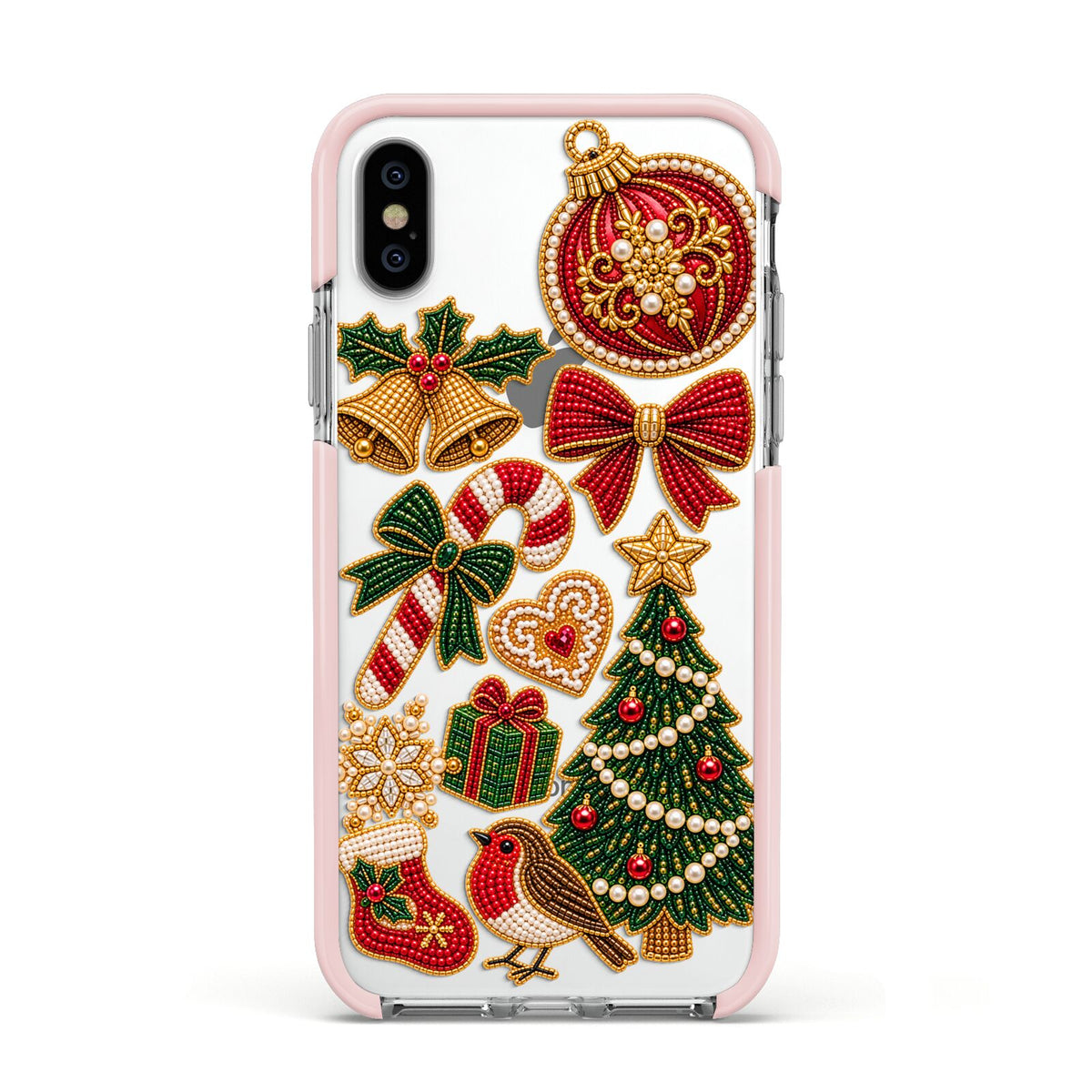 Christmas Keepsakes Charms Apple iPhone Xs Impact Case Pink Edge on Silver Phone