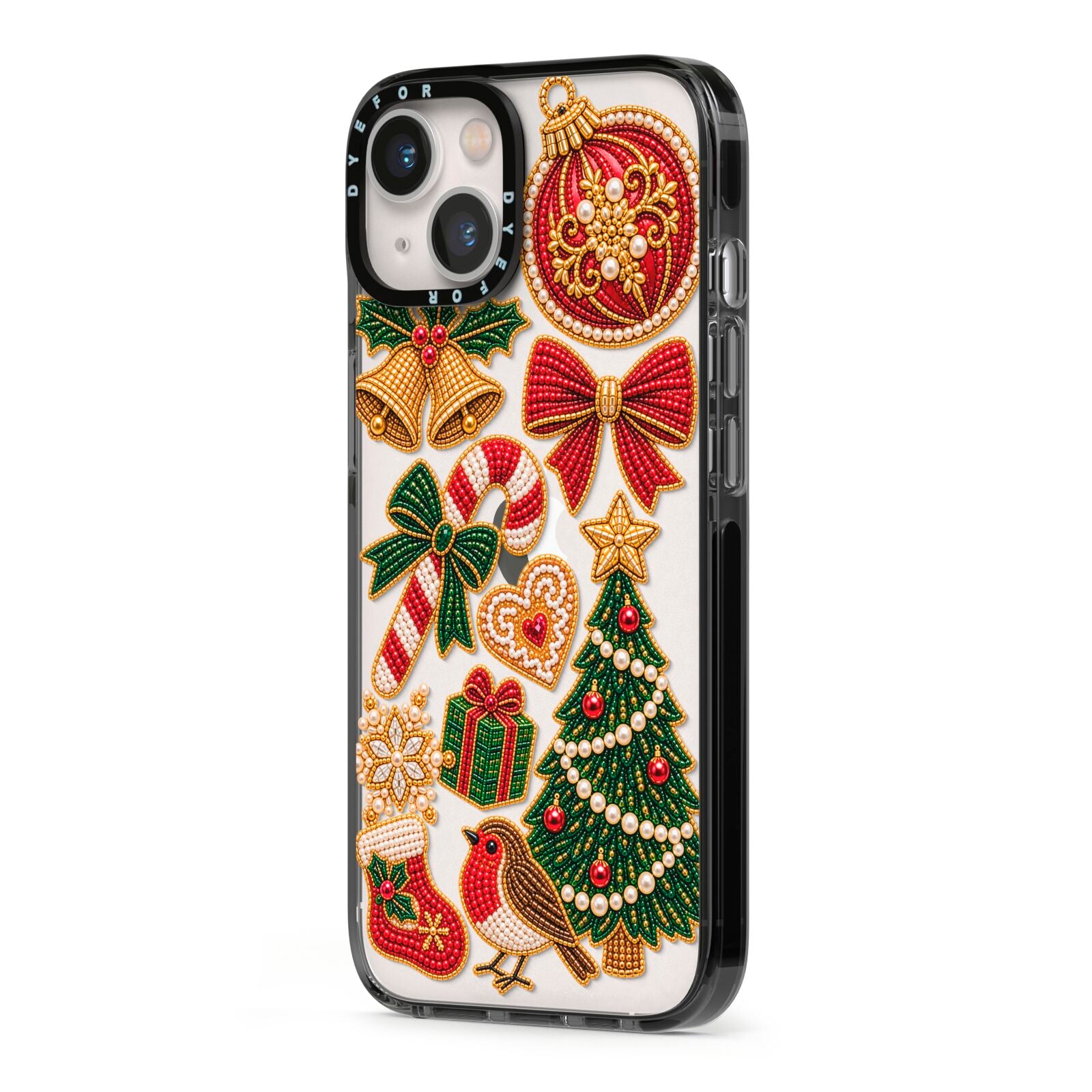 Christmas Keepsakes Charms iPhone 13 Black Impact Case Side Angle on Silver phone