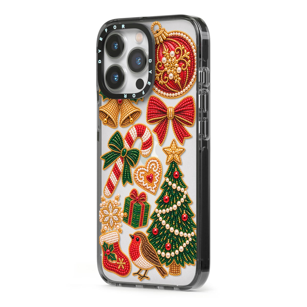 Christmas Keepsakes Charms iPhone 13 Pro Black Impact Case Side Angle on Silver phone