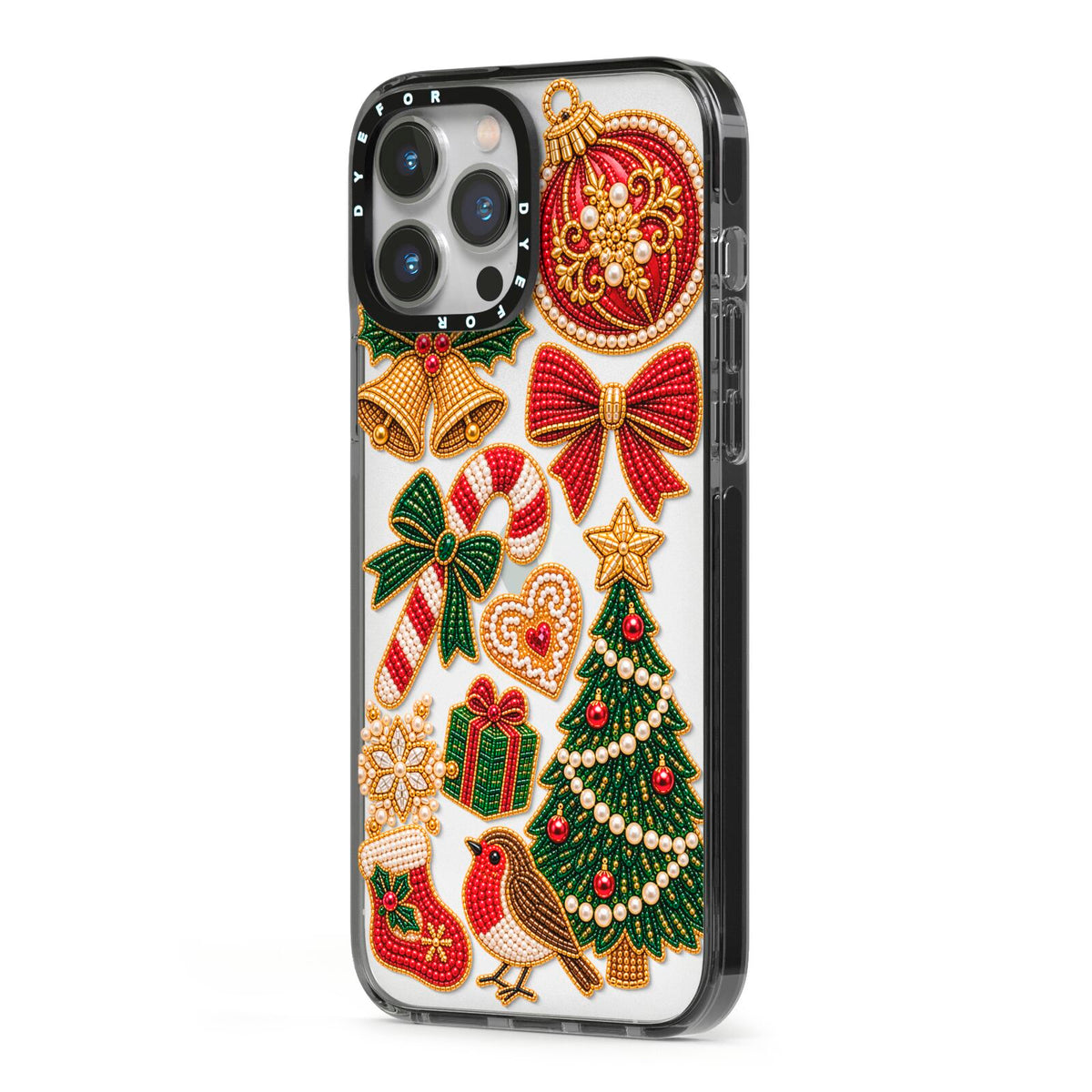 Christmas Keepsakes Charms iPhone 13 Pro Max Black Impact Case Side Angle on Silver phone