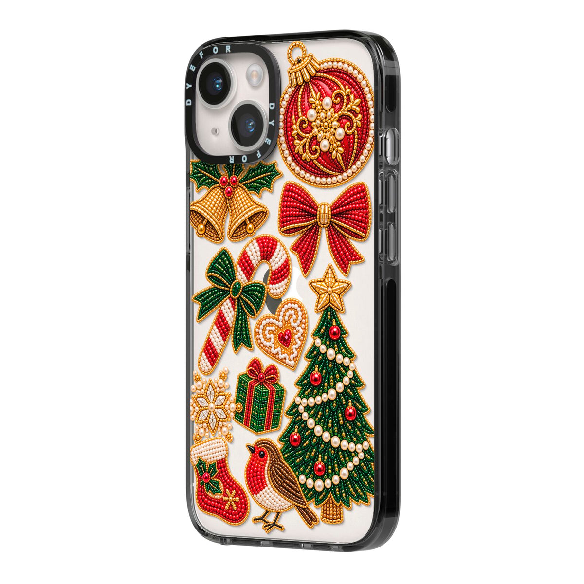Christmas Keepsakes Charms iPhone 14 Black Impact Case Side Angle on Silver phone