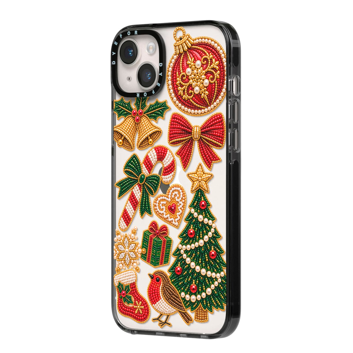 Christmas Keepsakes Charms iPhone 14 Plus Black Impact Case Side Angle on Silver phone