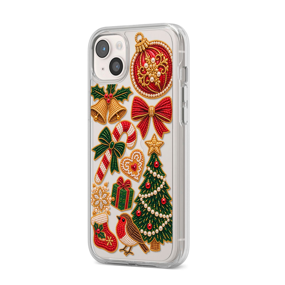 Christmas Keepsakes Charms iPhone 14 Plus Clear Tough Case Starlight Angled Image